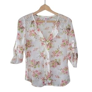 6 Degrees | Semi-sheer Floral Popover Blouse with Roll Tab Sleeves Size Small